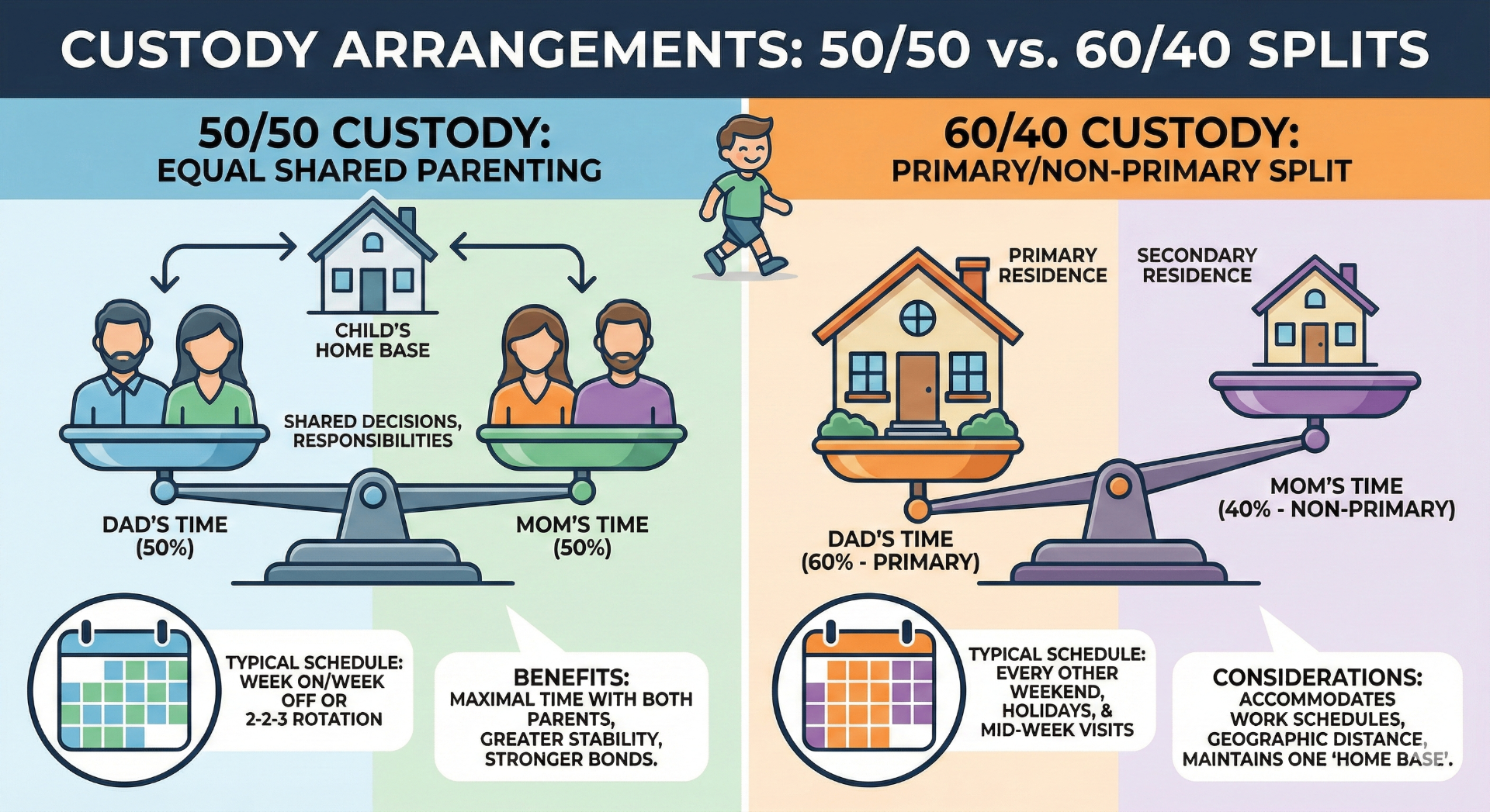 50/50 vs 60/40 Custody Comparison Infographic showing the difference between equal shared parenting and primary residence arrangements