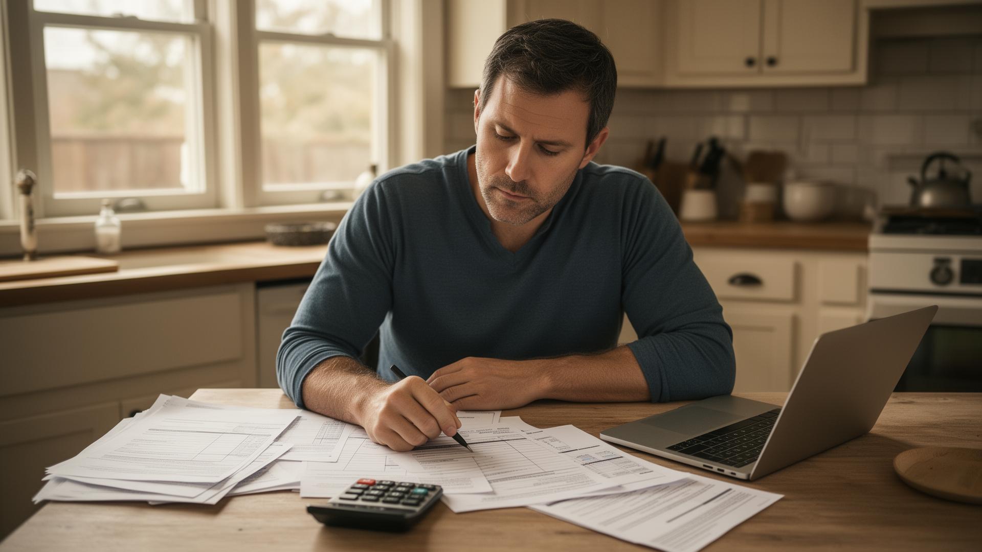Father reviewing child support documents at kitchen table