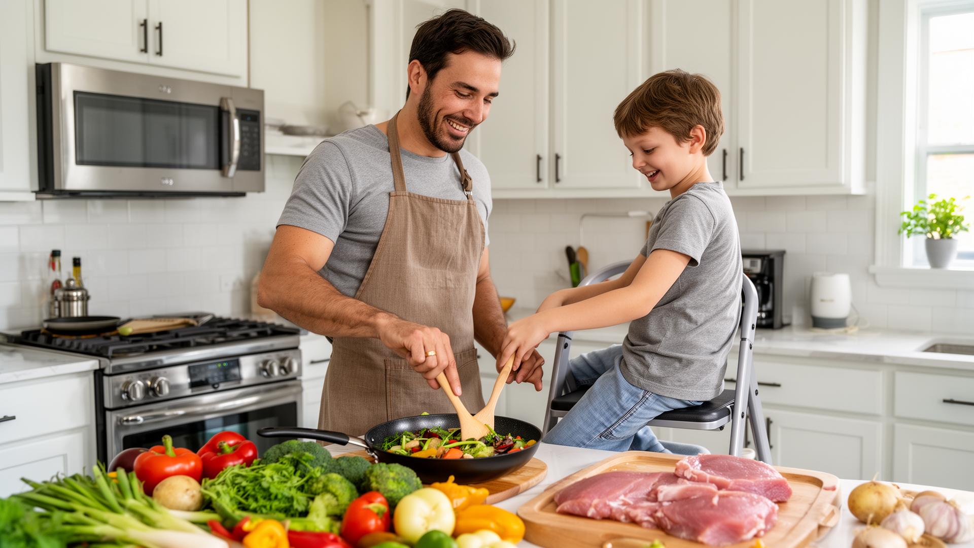 Father and son cooking together in the kitchen, laughing