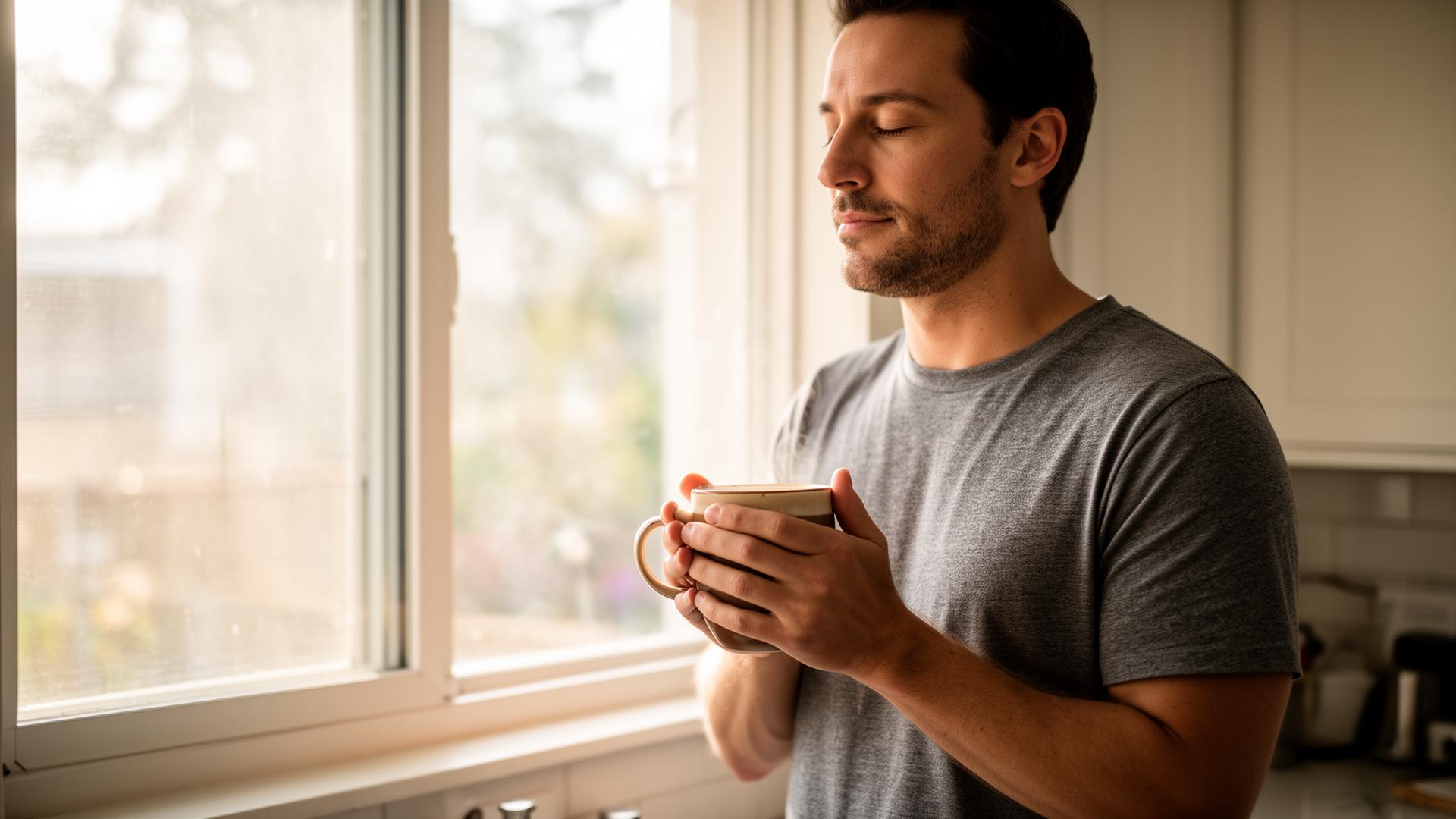 Father enjoying a calm morning coffee - peace and control