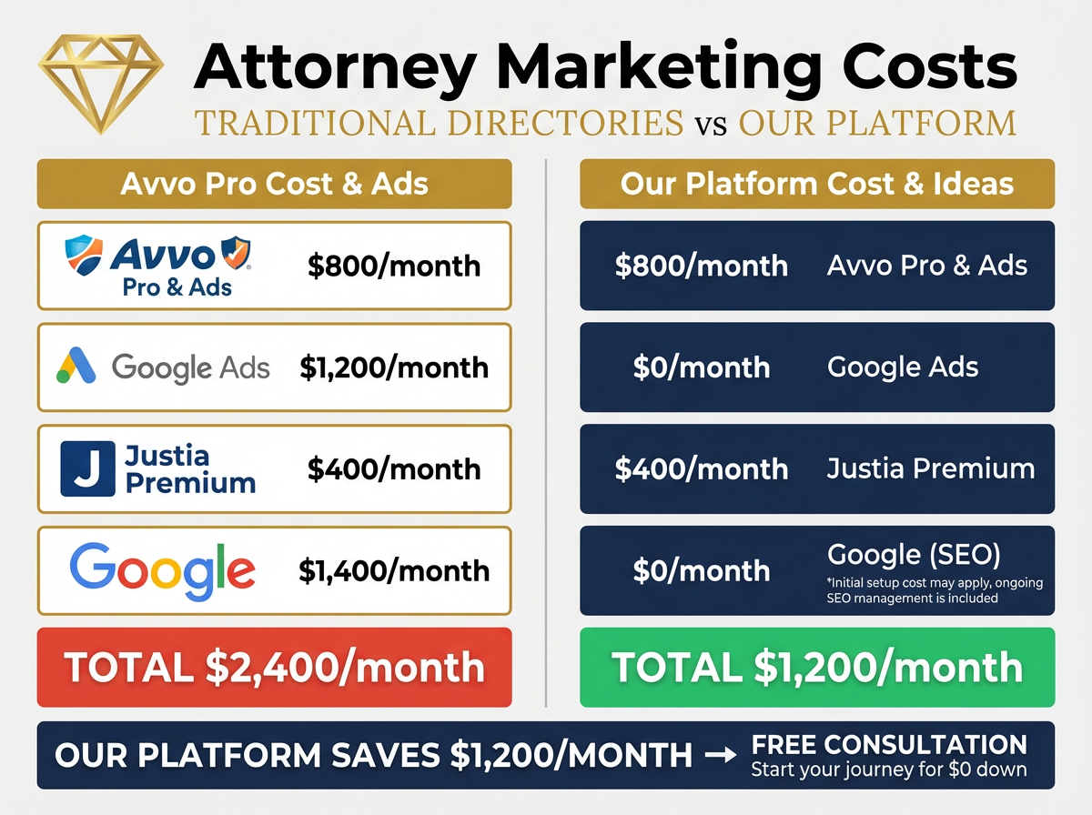 Attorney Marketing Costs Comparison - Traditional directories cost $2,400/month vs Affirming Dads Premium at $397/month